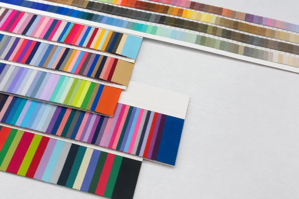 Fabric color swatches beside a blank material specification card