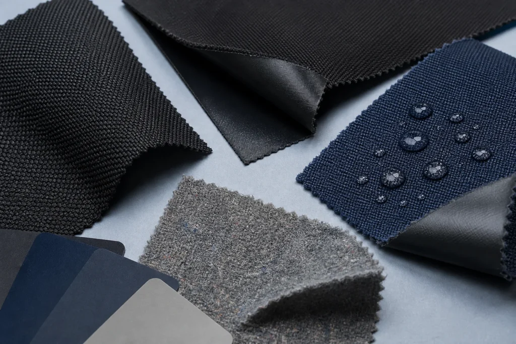 A 600D polyester specification is incomplete without its backing, water requirement, recycled-content requirement and color.