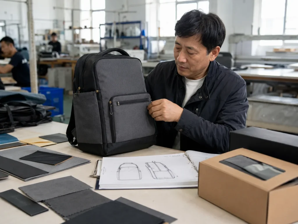 Nylon vs polyester bags material review with a reference bag, fabric swatches and a technical drawing
Representative Annabelle Bag sample-review scene. It illustrates the review process; it is not the anonymous customer project described in this article and does not by itself prove a material specification or test result.