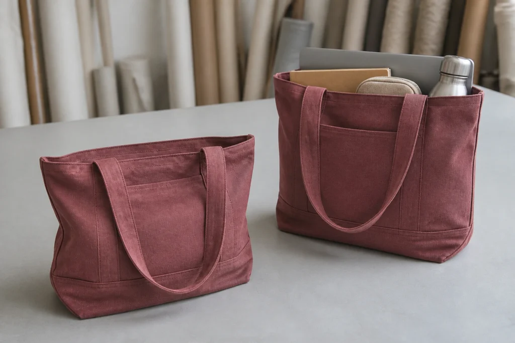 The same canvas tote shown empty and loaded to compare its finished shape.