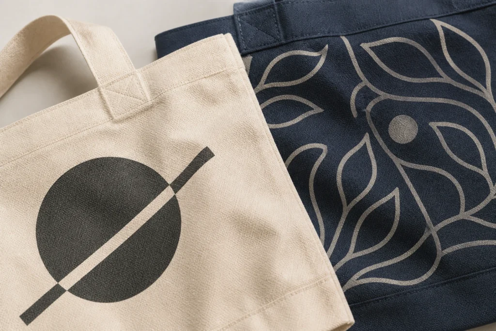 Simple logo on natural canvas compared with detailed artwork on darker canvas.