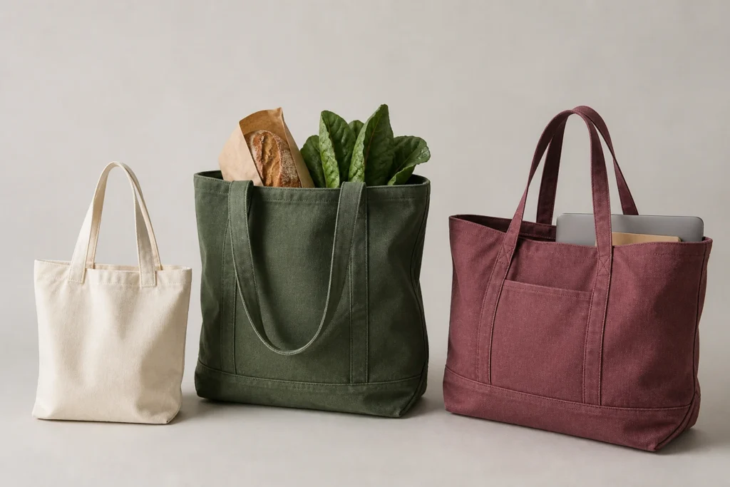 Promotional, grocery, and work canvas tote bags shown side by side.