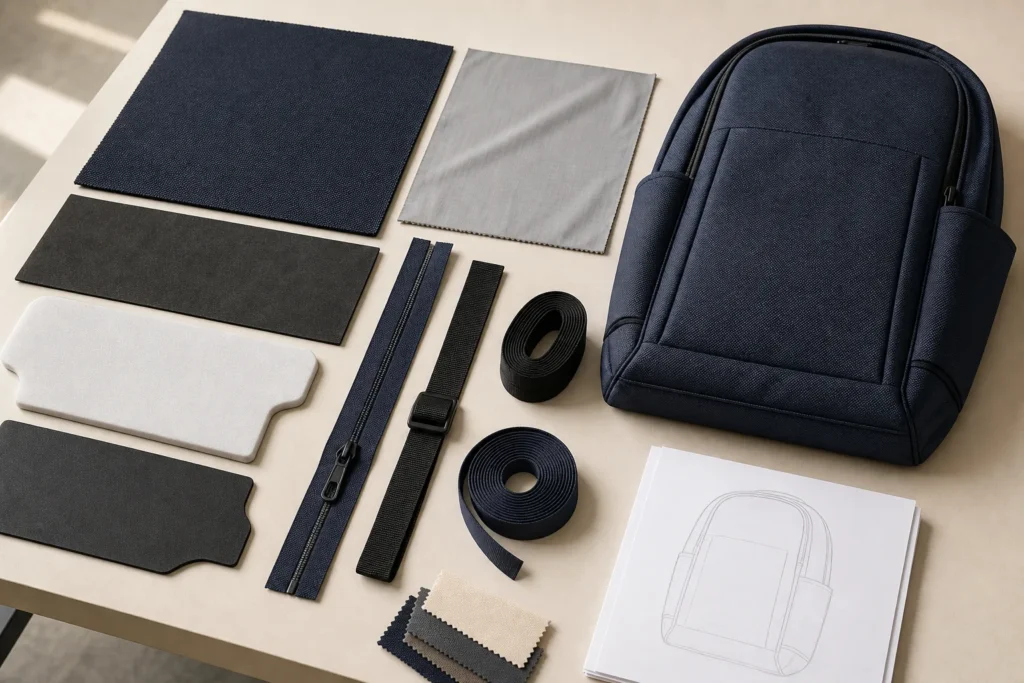 Backpack construction components including outer fabric, lining, foam, support panels, zipper and webbing
Editorial visualization of the construction layers that should be reviewed together: shell, lining, backing, padding, support, zippers, webbing and sewing work. It does not prove material composition, performance or a customer project.
