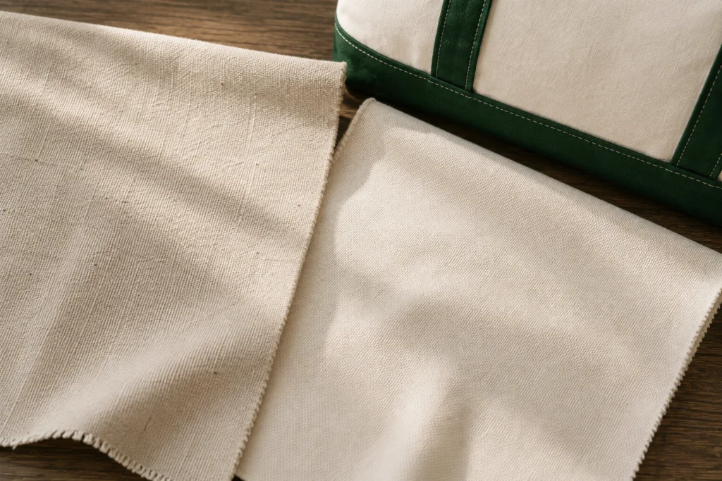 Cotton canvas and cotton-polyester canvas shown side by side to compare woven surface and material feel.