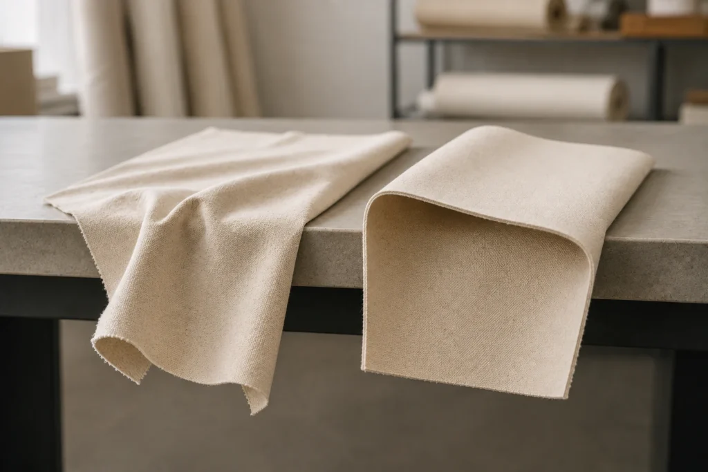 Cotton canvas and duck canvas comparison showing that cotton describes fiber while duck describes canvas construction.