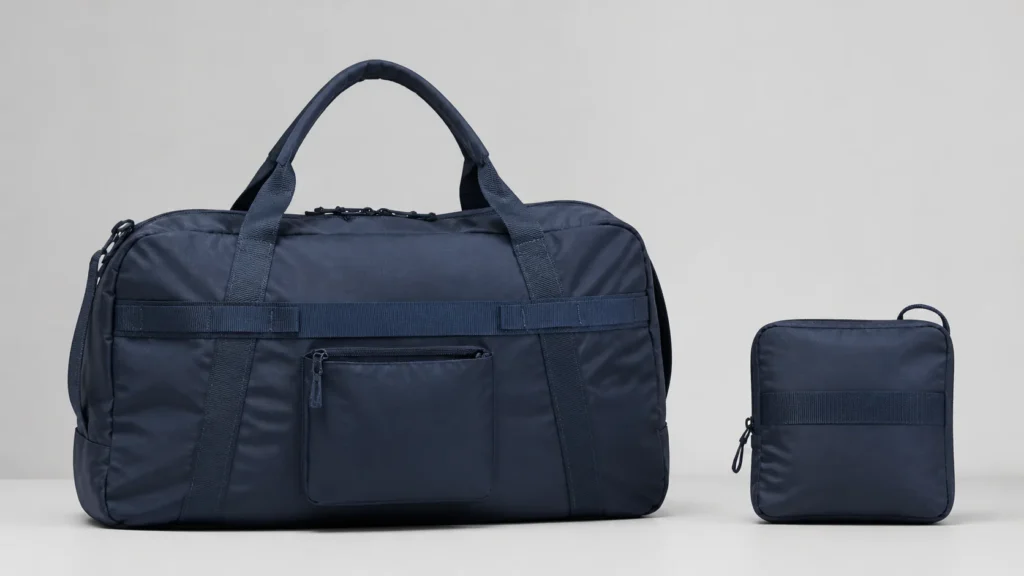 The same foldable travel bag shown at full size and in its compact self-stowed form.