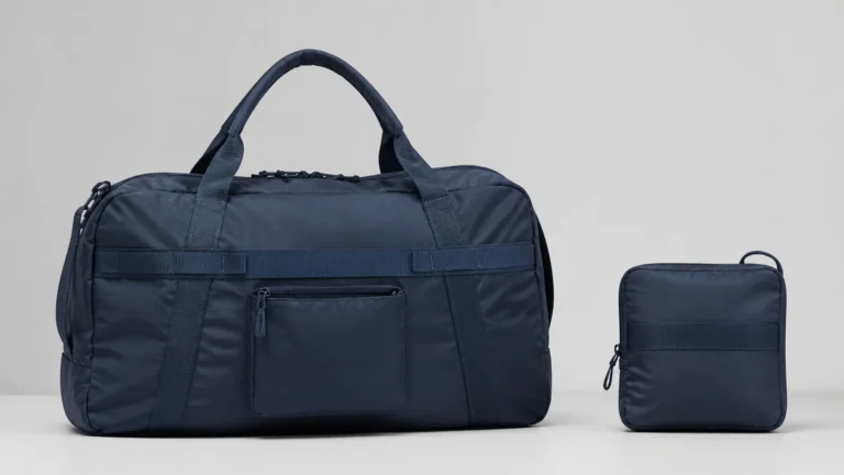 The same foldable travel bag shown at full size and in its compact self-stowed form.