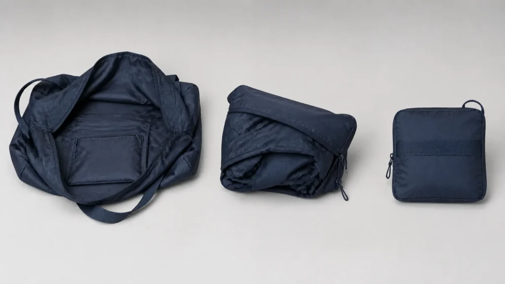 The packaway route must account for handles, seam bulk, zipper direction and folded volume.