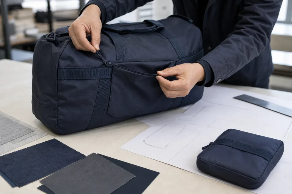 Representative sample-review scene for examining the self-stow pocket, zipper access and seam bulk.
Editorial illustration only; it does not document the anonymous customer's actual sample.