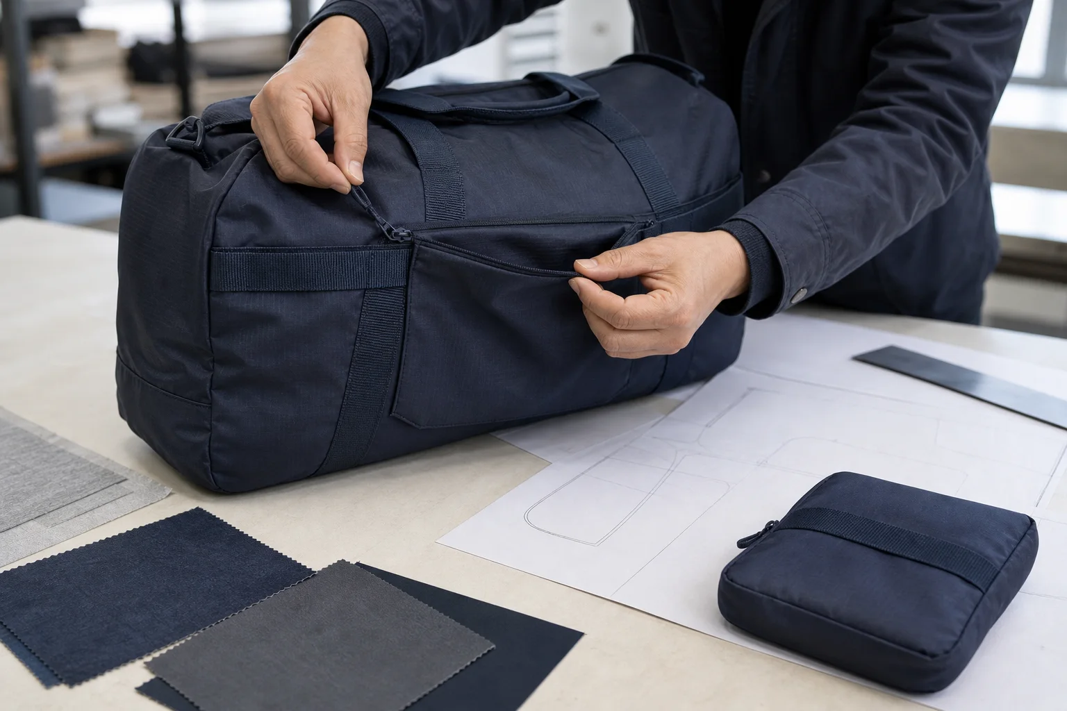 Representative sample-review scene for examining the self-stow pocket, zipper access and seam bulk. Editorial illustration only; it does not document the anonymous customer's actual sample.