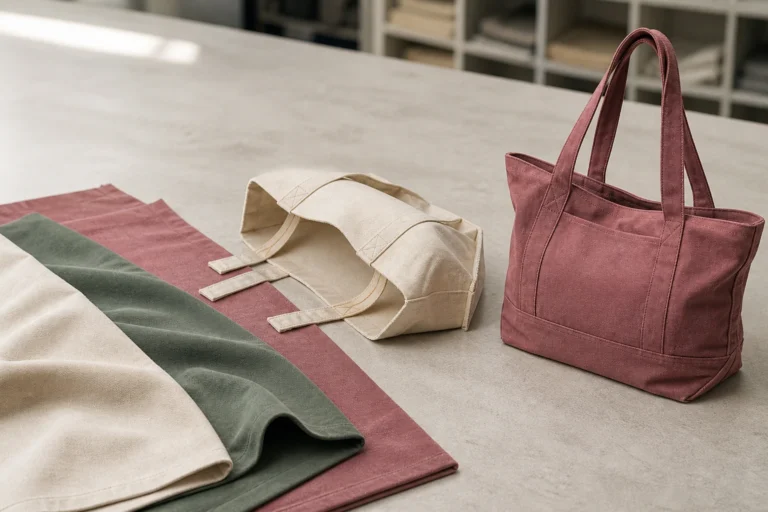 Canvas tote bag development showing fabric options, a sample bag, and a finished tote.