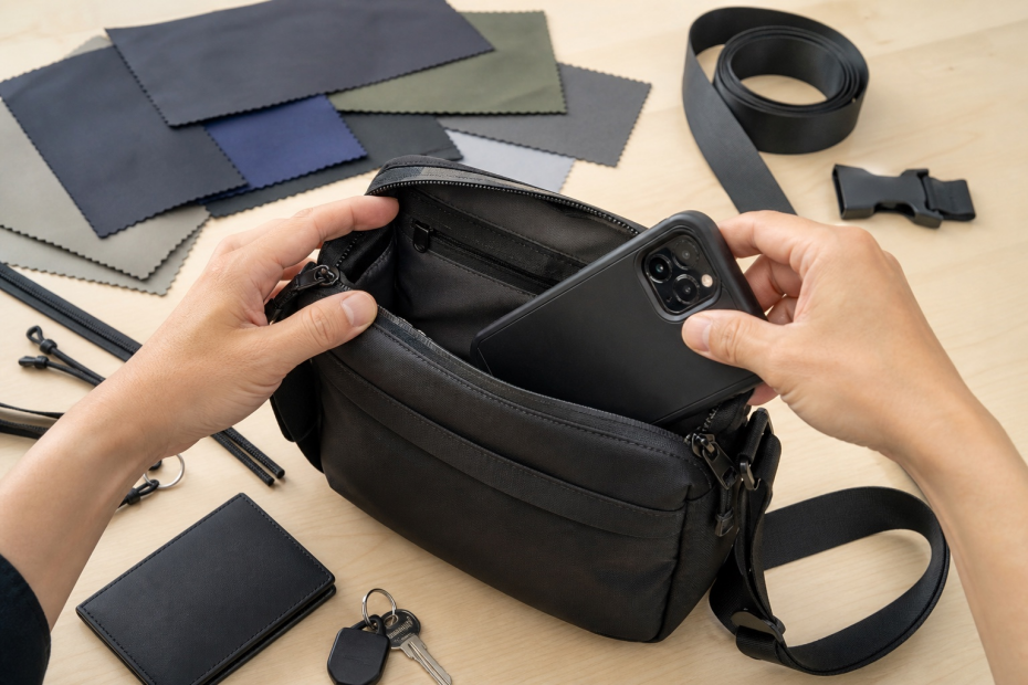 checking phone access, zipper clearance, fabric and strap hardware on a sewn sample.