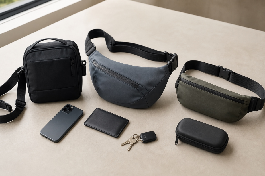 three crossbody product directions and a typical everyday carry set.