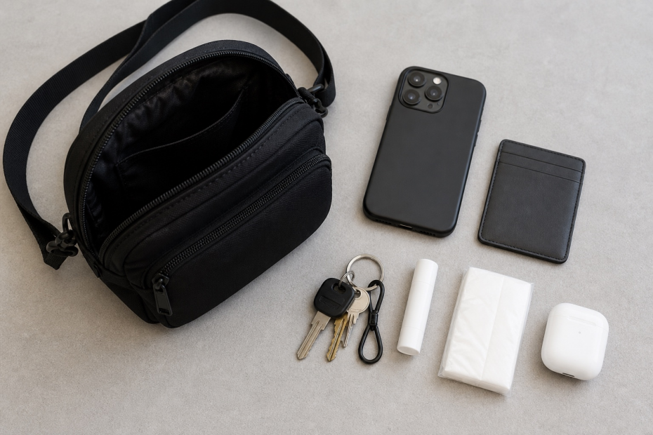 a compact crossbody checked with the complete item set and the finished zipper opening.
