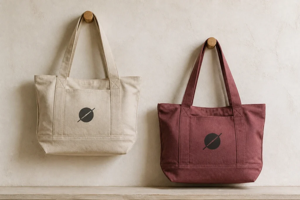 Natural canvas tote and colored canvas tote showing how fabric color changes logo appearance.