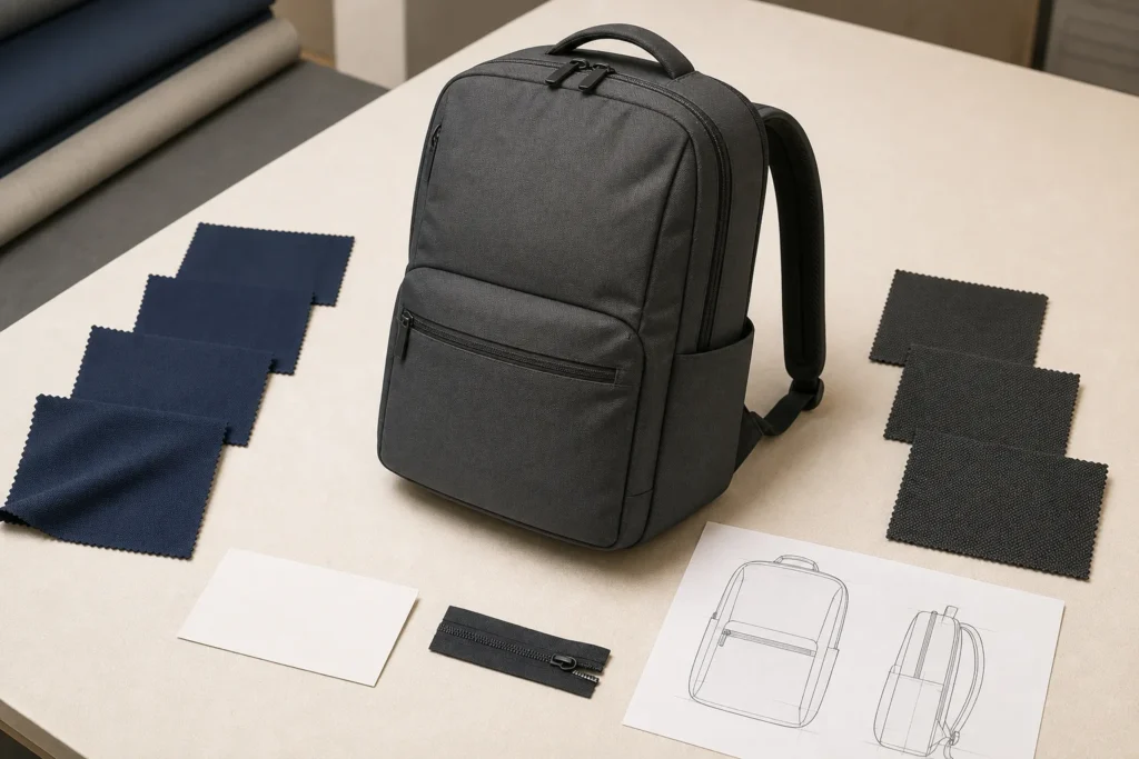  One reference backpack compared with two candidate fabric swatch groups
Editorial visualization of one reference bag reviewed against two candidate material routes. It illustrates the anonymized decision process; the backpack and swatches are not the actual customer project, and appearance does not prove fiber composition or performance.