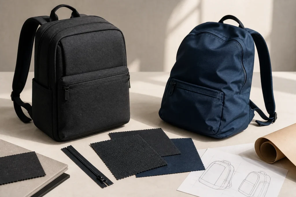 Nylon and polyester bag material comparison with two backpacks and fabric swatches Editorial illustration created for this article. It is not evidence of fiber composition, test performance, factory conditions or a customer project.