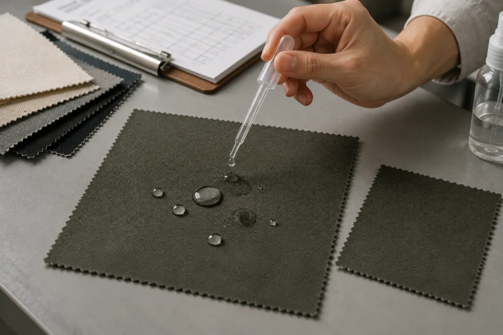Polyester canvas moisture diagram showing that polyester alone does not mean waterproof performance.