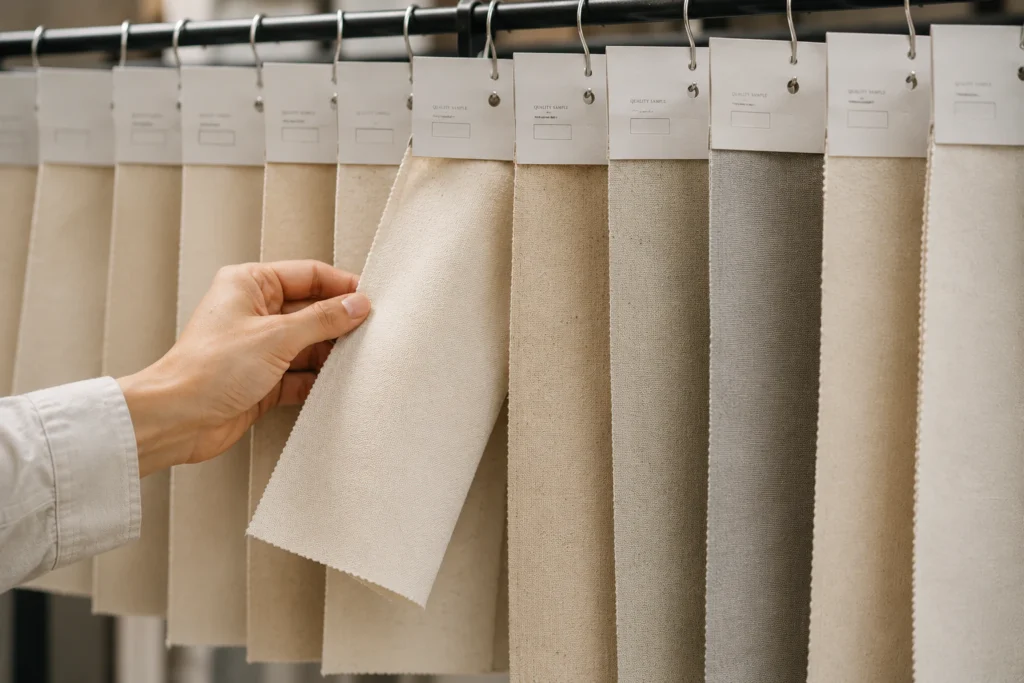 Regular cotton canvas and recycled cotton canvas compared by surface, shade, and fiber composition.