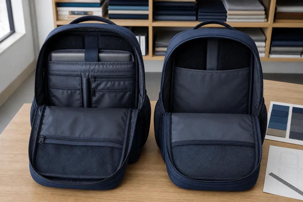 When the target price is tight, internal pockets and hidden construction can be reviewed before changing the visible outer appearance. Editorial illustration; not an actual customer order or formal test.
