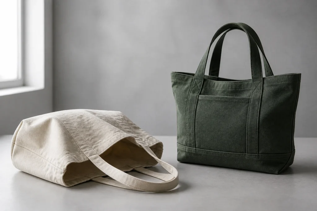 Soft canvas tote beside a more structured canvas tote.