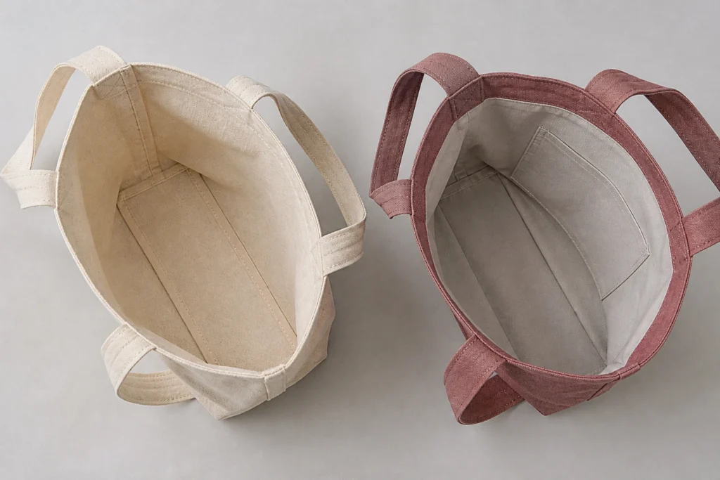  Unlined canvas tote interior compared with a lined tote interior with a pocket.