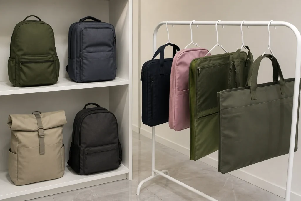 Different backpack sample versions displayed on shelves and a rack
