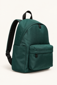 Side view of custom classic everyday backpack showing simple side pocket and bag depth