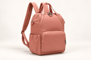 Side view of custom compact nylon daypack showing practical bag depth