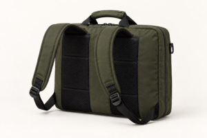 Rear view of custom convertible backpack briefcase showing shoulder straps and back panel