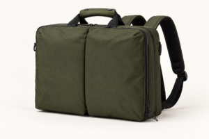 Side view of custom convertible backpack briefcase showing practical bag depth and carry configuration