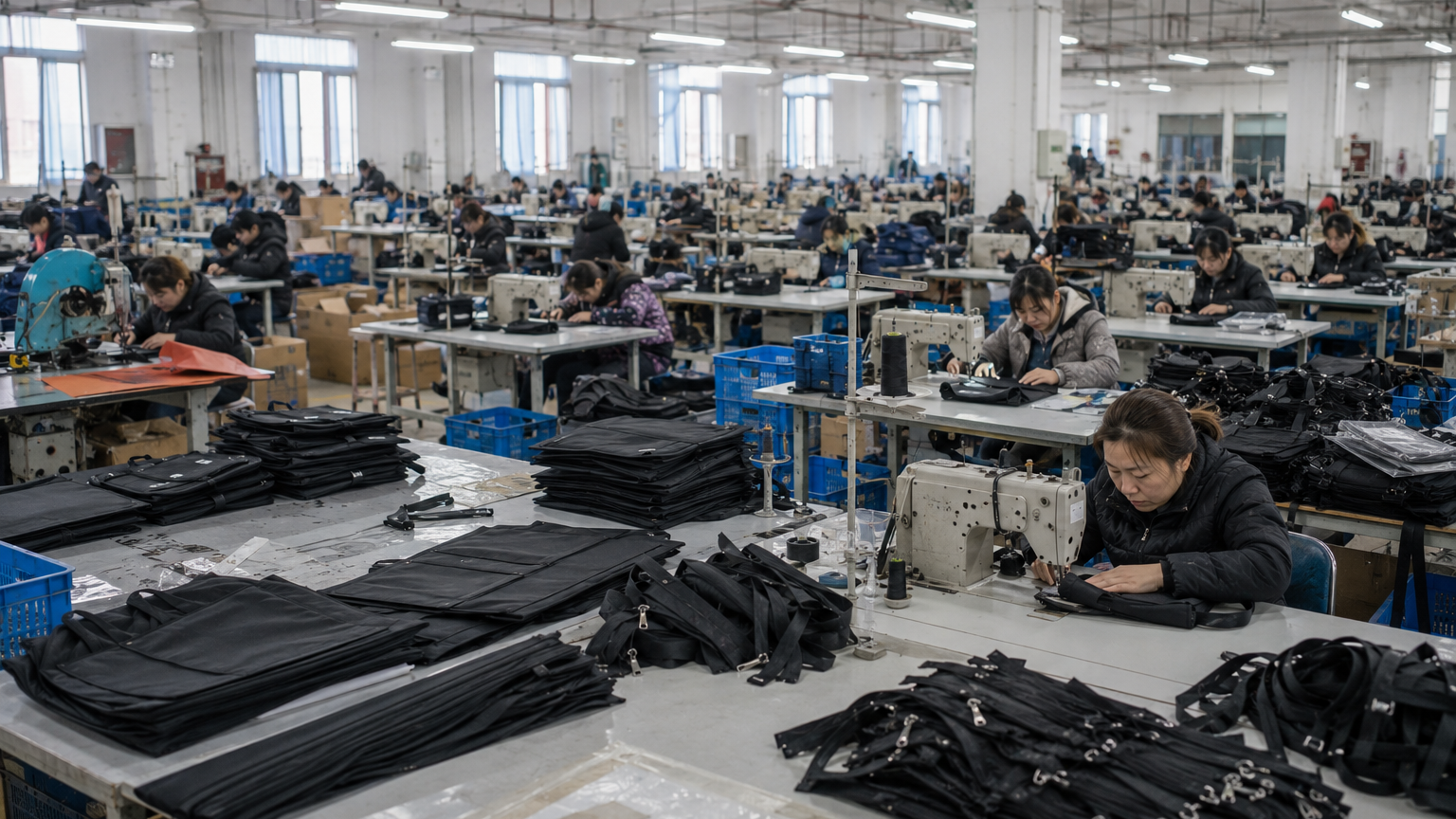 Bag production floor showing cutting and sewing work for custom bag manufacturing