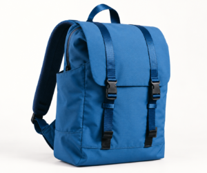 Side view of custom nylon daily backpack showing flap and side construction