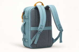 Rear view of custom organized travel laptop backpack showing shoulder straps