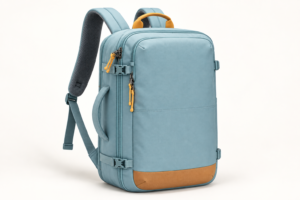Side view of custom organized travel laptop backpack showing practical bag depth