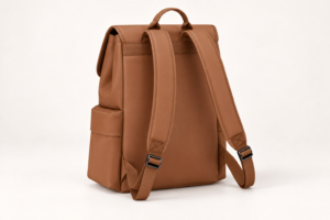 Rear view of custom practical PU Leather flap commuter backpack showing shoulder straps