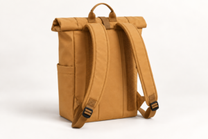 Rear view of custom recycled roll top backpack showing shoulder straps