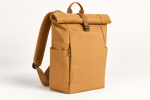 Side view of custom recycled roll top backpack showing side pockets and bag depth