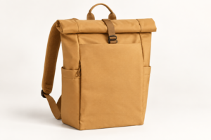 Custom recycled roll top backpack with side pockets for bulk OEM programs