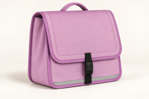 Side view of custom student organizer backpack showing pocket depth
