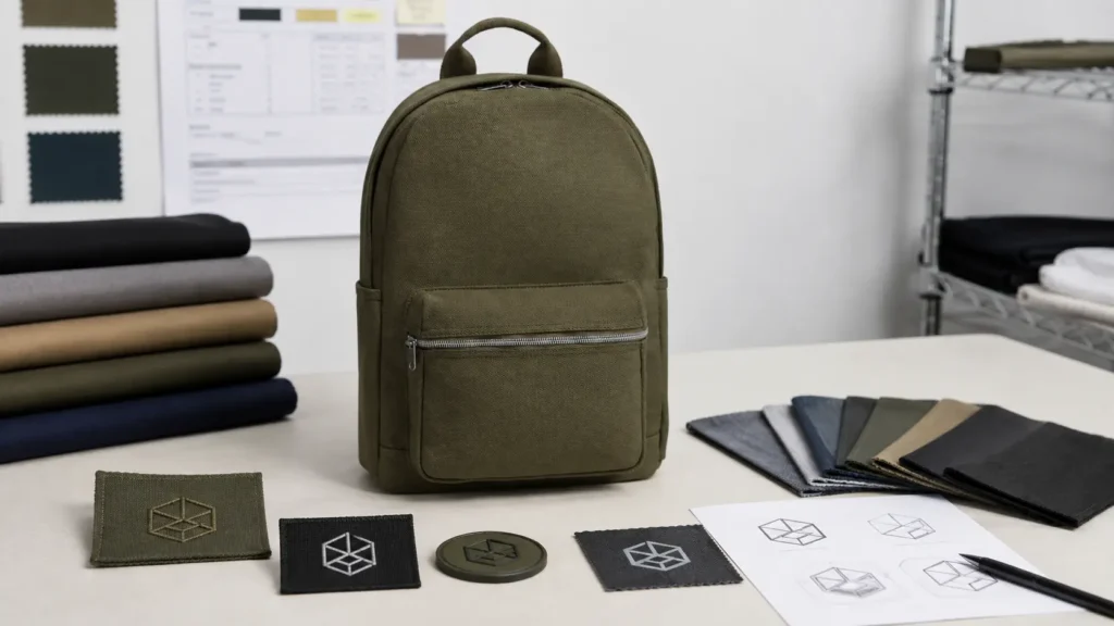 Backpack logo approval workflow from vector artwork and strike-off to bag sample and final check