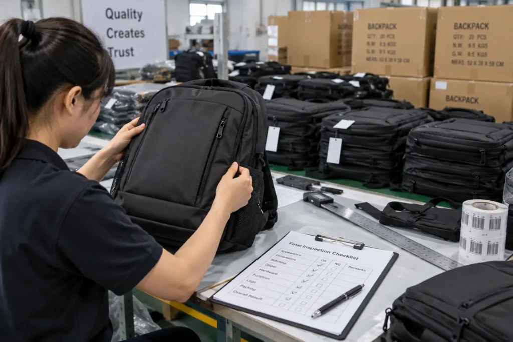 Backpack quality inspection process before bulk shipment
