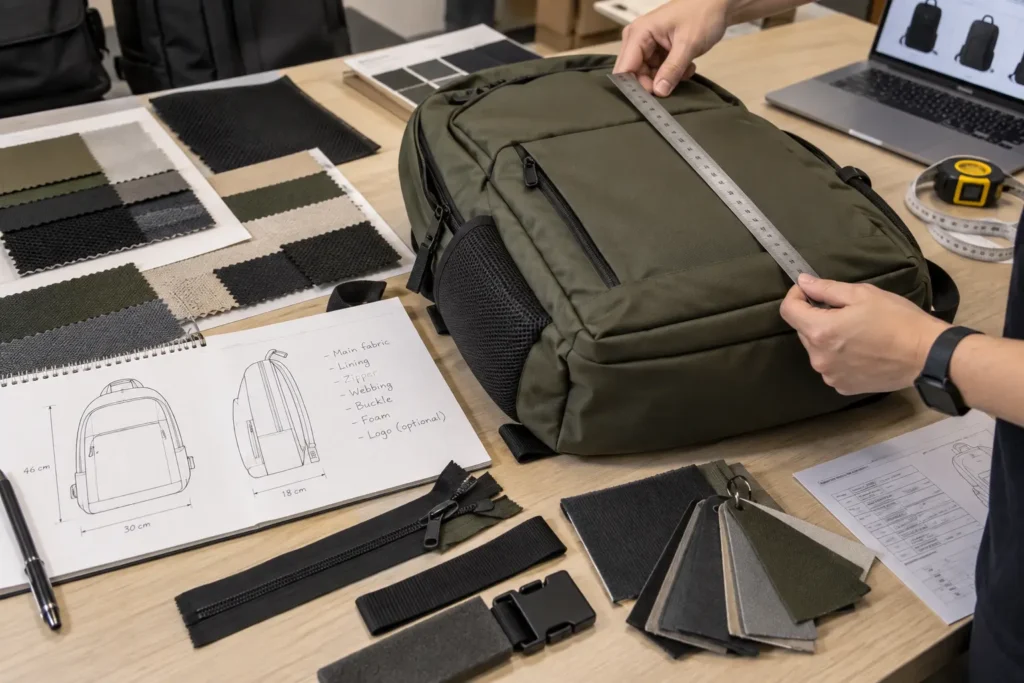 Backpack sample specification review with materials and measurements
