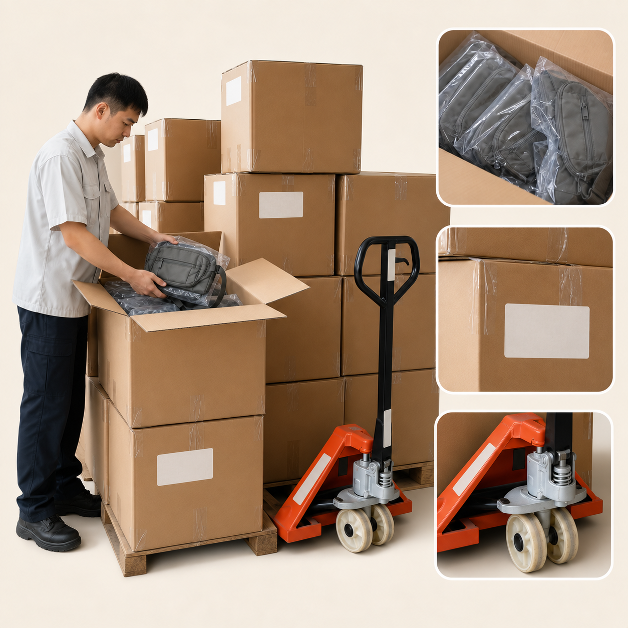 Finished custom bags checked for protective packing and export-carton preparation