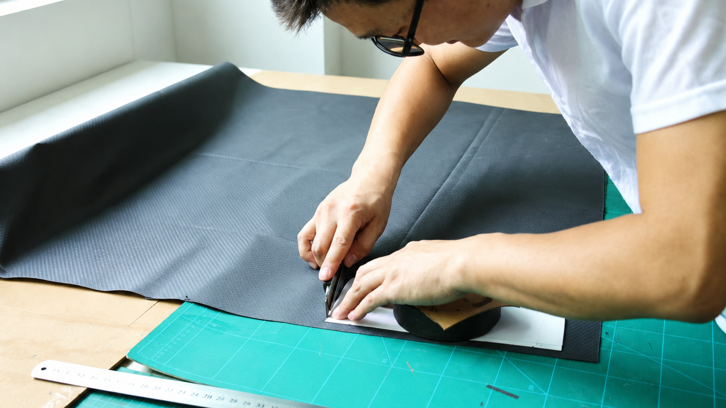 Technician cutting bag panels from material against a confirmed pattern layout
