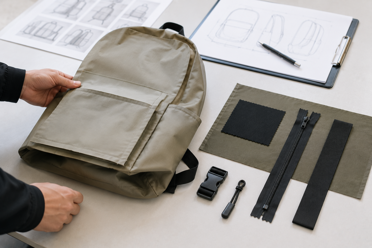Bag sample, pattern and material trims reviewed before bulk production