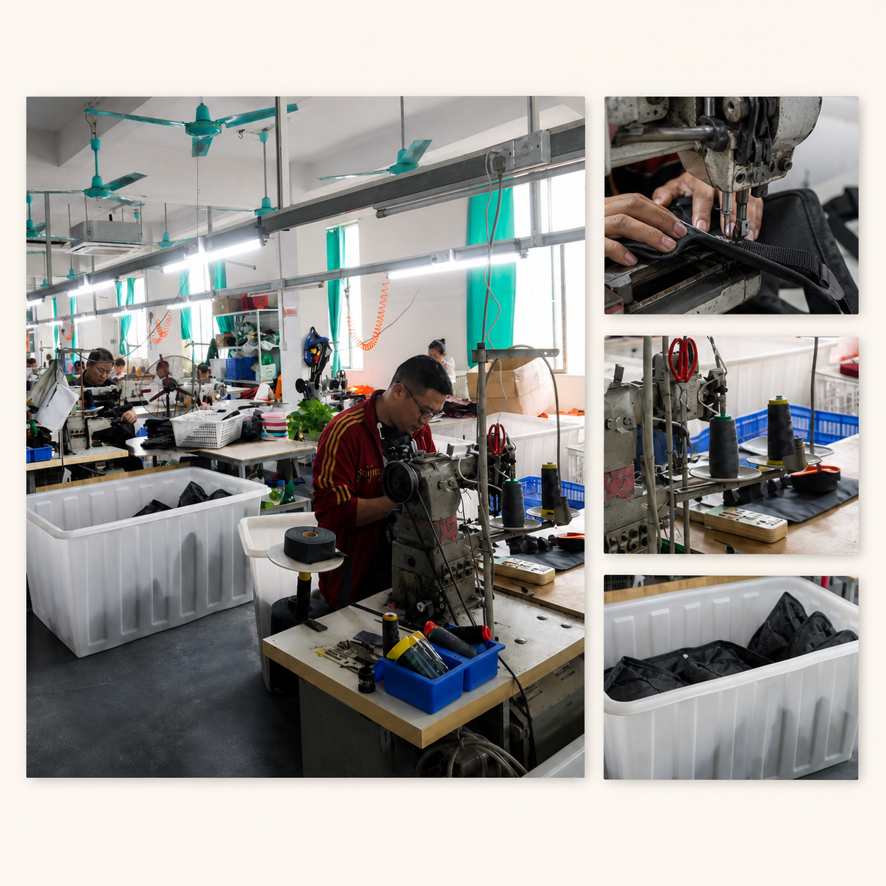 Bag components being sewn and assembled on a production line