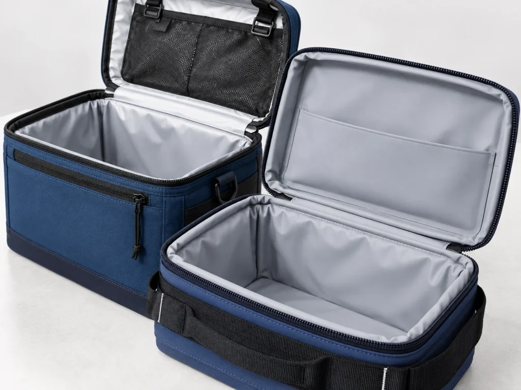 Cooler bag insulation with outer fabric, lining and zipper opening details