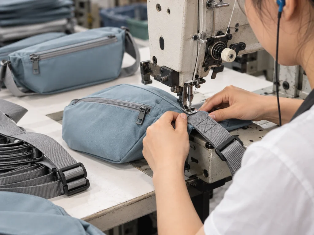 Factory worker sewing a crossbody bag sample with strap attachment and zipper construction