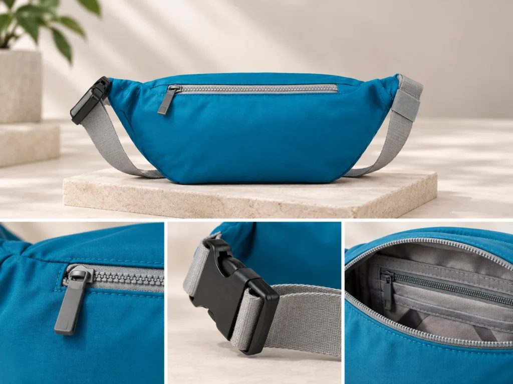 Blue crossbody waist bag with zipper, buckle and interior detail views